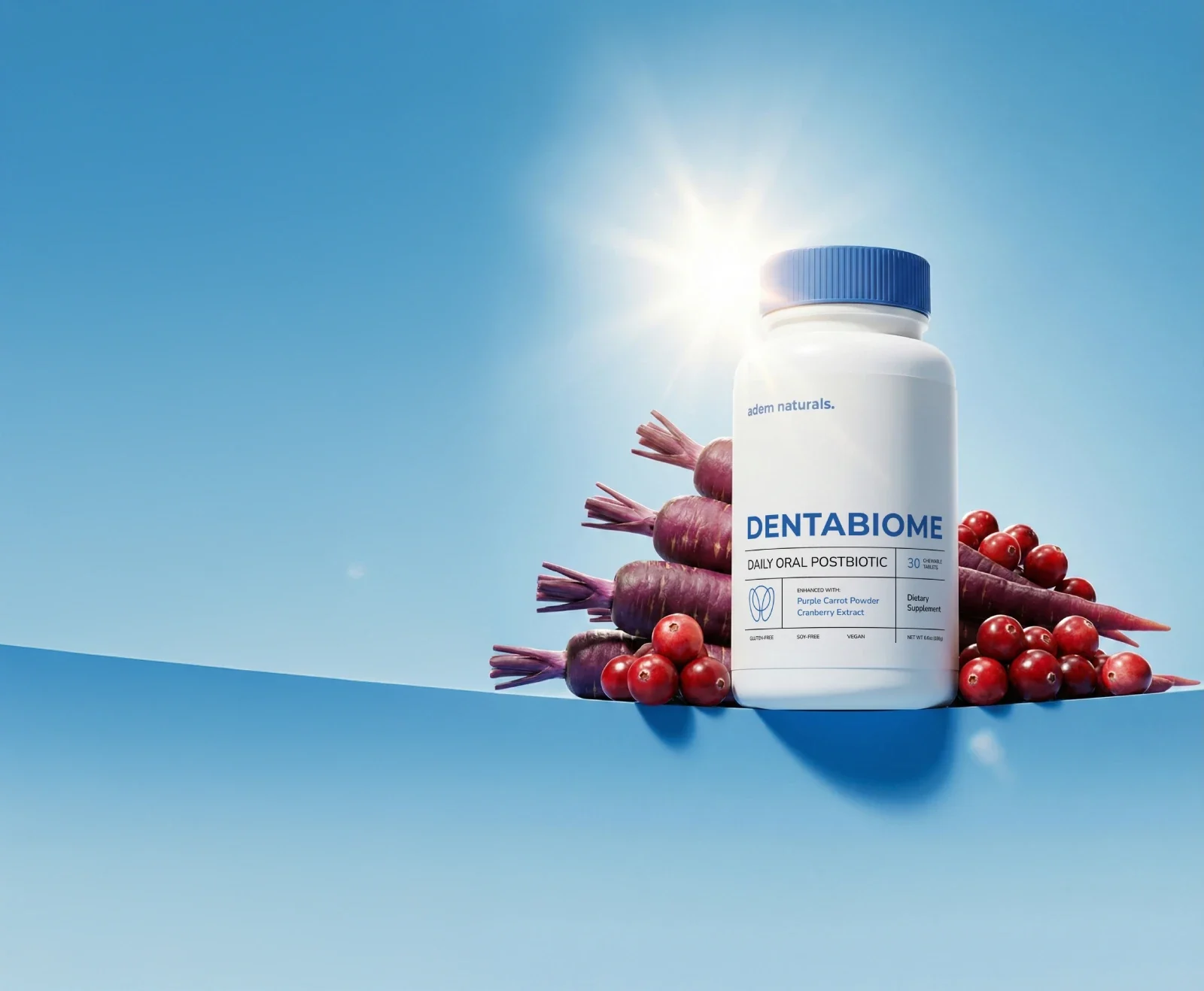 DentaBiome daily oral postbiotic bottle with purple carrots and cranberries