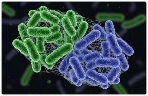 Microscopy-style render of two Lactobacillus plantarum postbiotic strains in a DentaBiome dual-strain complex