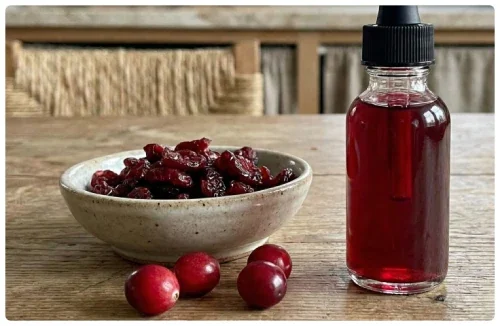 Cranberries and a bottle of cranberry extract, the adhesion-focused botanical in DentaBiome