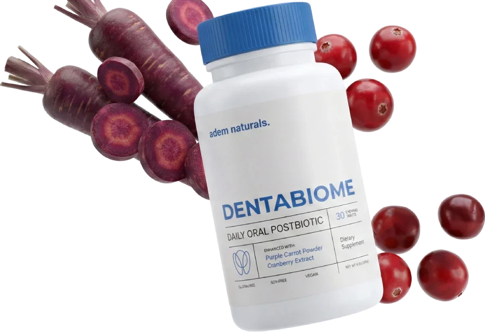 DentaBiome bottle with purple carrots and cranberries, the plant ingredients named on the label