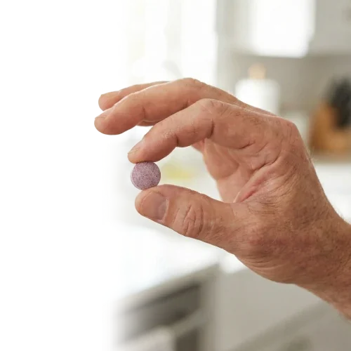A hand holding a single DentaBiome chewable tablet, the once-daily oral postbiotic routine