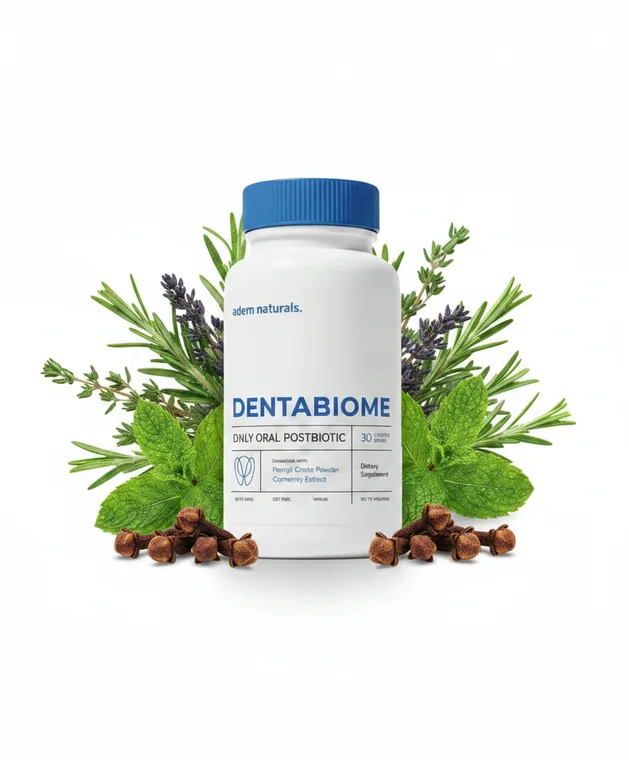 DentaBiome oral postbiotic chewable tablet bottle surrounded by fresh mint, rosemary and cloves