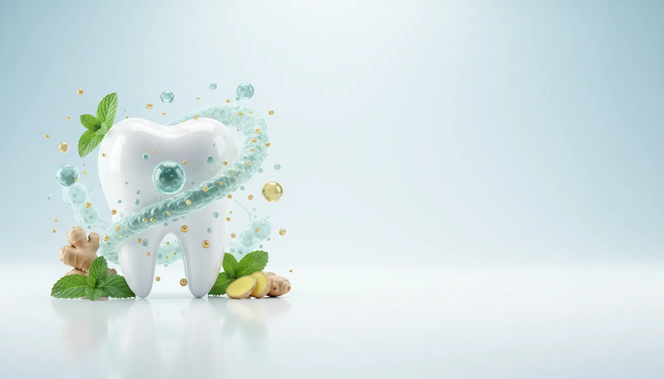 Clean tooth with mint leaves, ginger and a protective aura, illustrating DentaBiome daily oral care