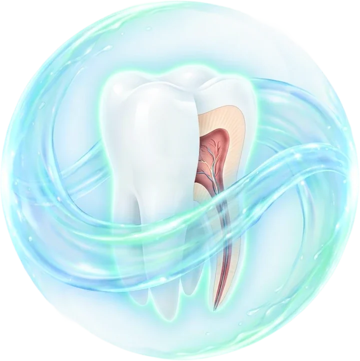 Illustration of a clean tooth surrounded by a fresh mint aura, representing DentaBiome oral care support